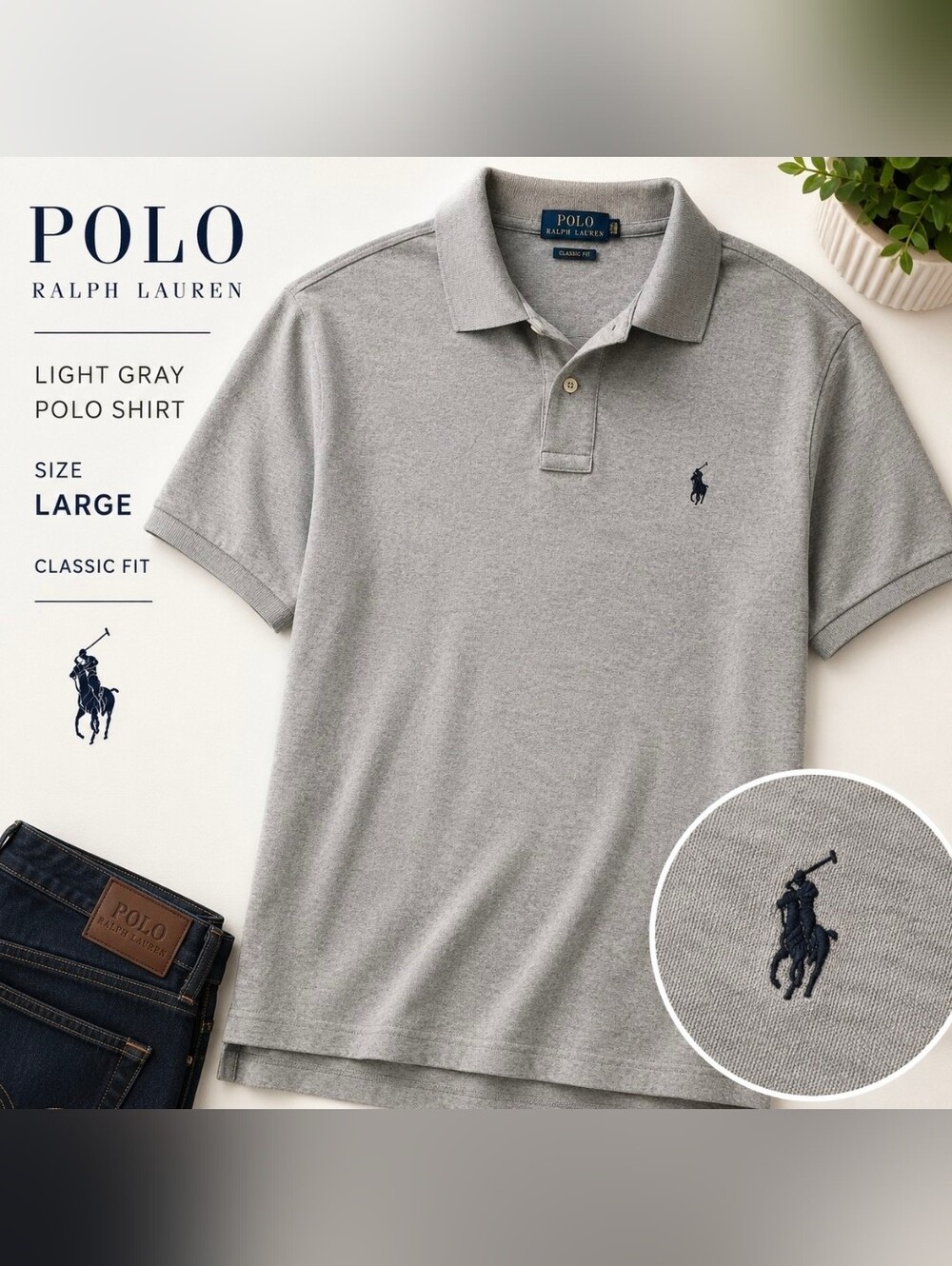 Polo Ralph Lauren Gray Polo Shirt Size L Classic Fit Pony Logo Preppy Cotton